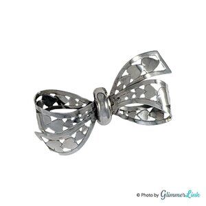 Vintage MARINO Silver Tone Bow Hearts Filigree Brooch